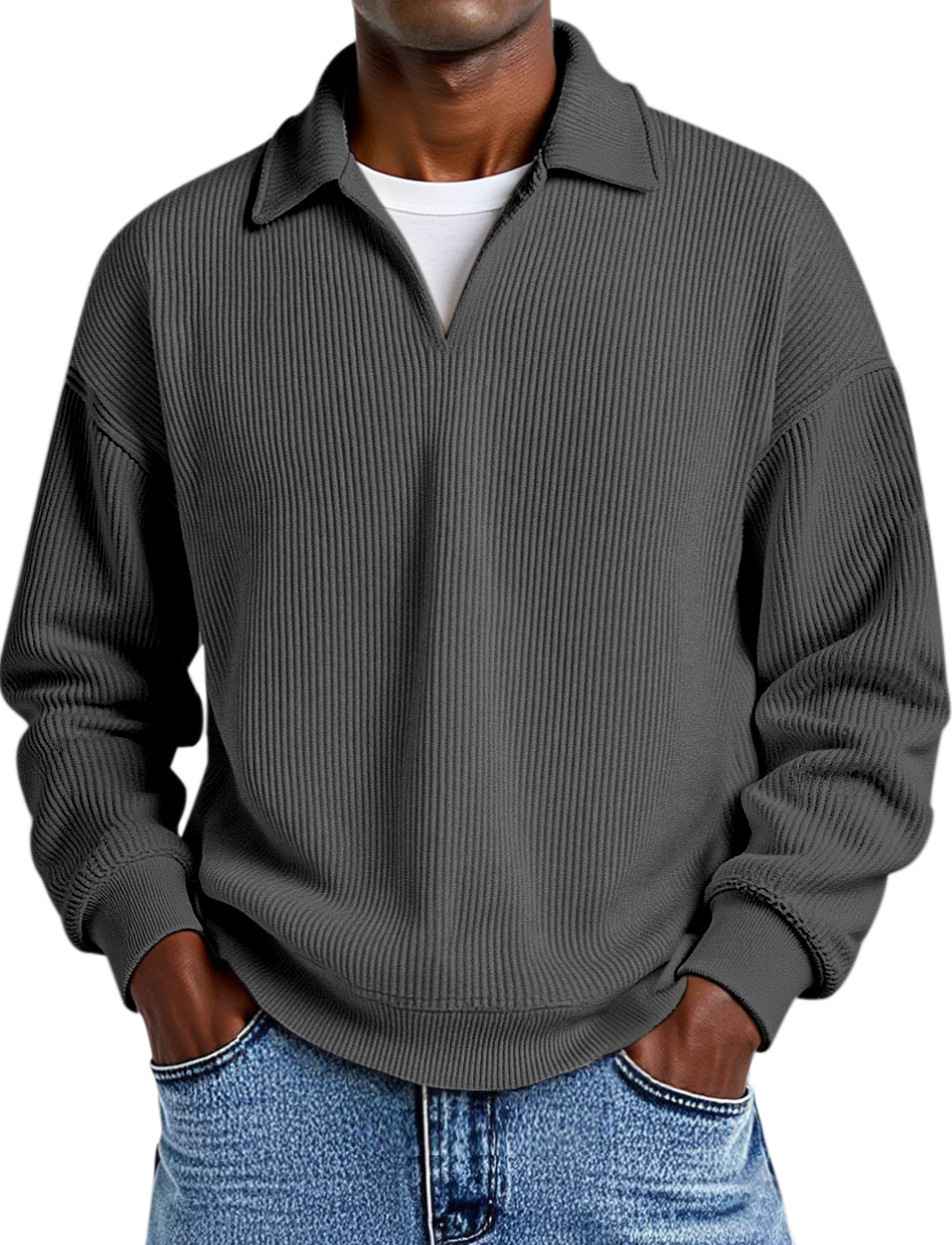 Daily Casual Solid Color Vertical Pit Strip Fake Two-piece Design Lapel Long-sleeved Polo Shirt