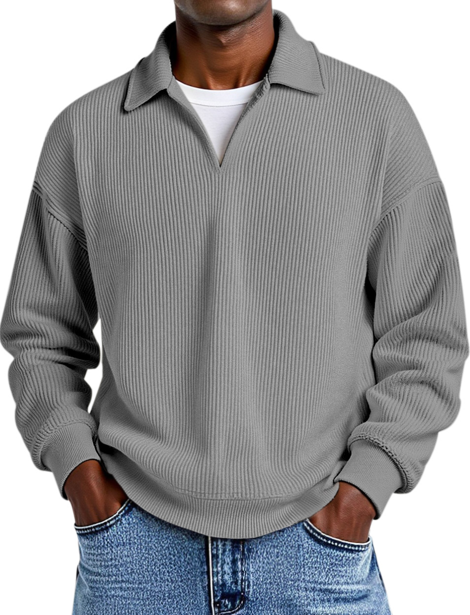 Daily Casual Solid Color Vertical Pit Strip Fake Two-piece Design Lapel Long-sleeved Polo Shirt