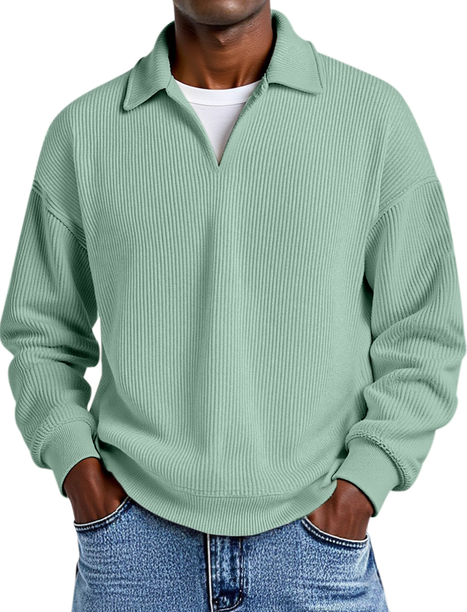 Daily Casual Solid Color Vertical Pit Strip Fake Two-piece Design Lapel Long-sleeved Polo Shirt