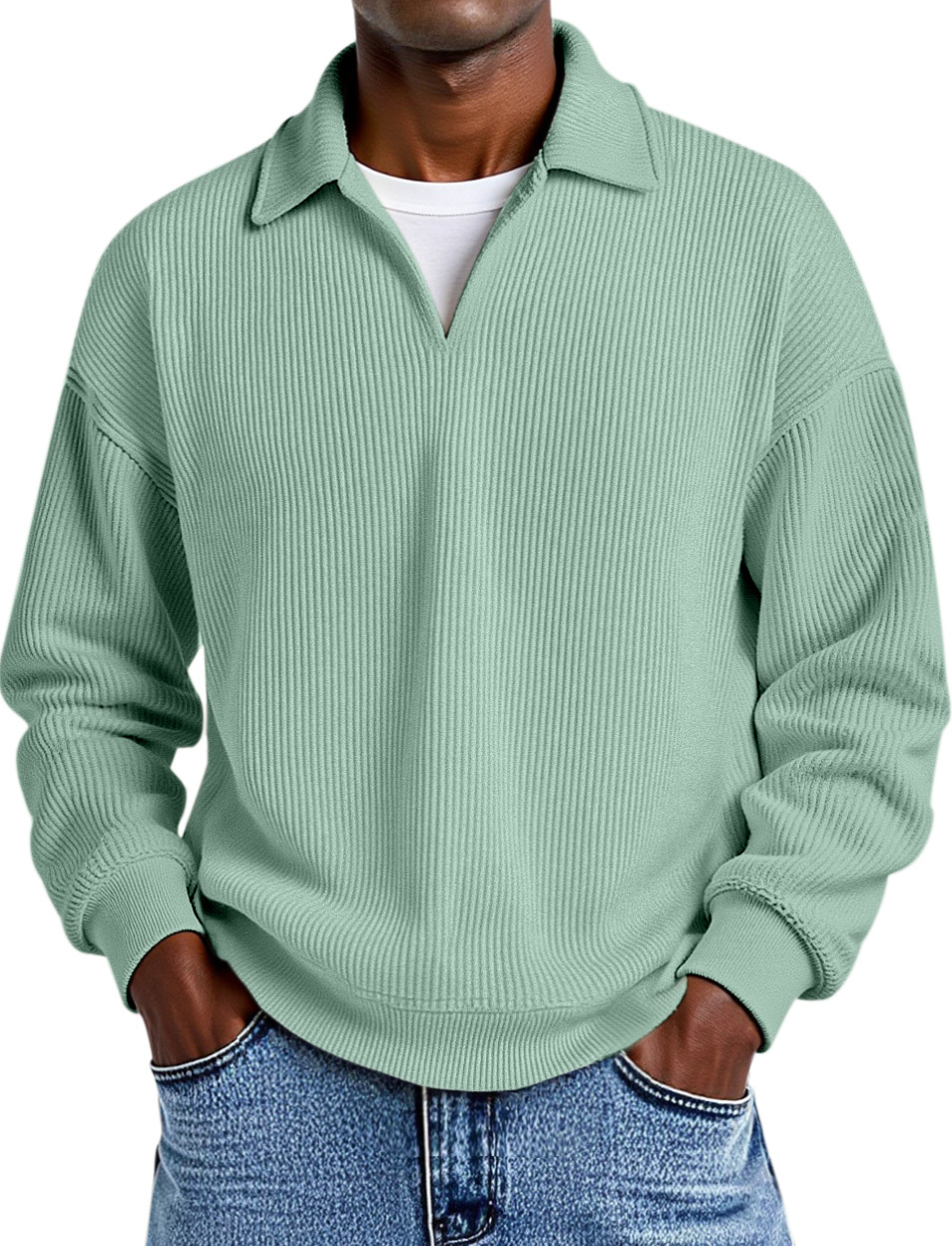 Daily Casual Solid Color Vertical Pit Strip Fake Two-piece Design Lapel Long-sleeved Polo Shirt