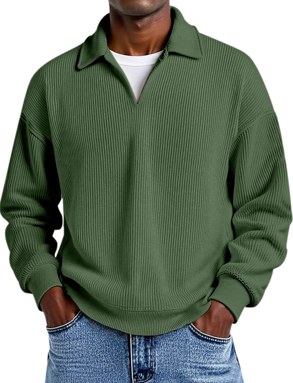 Daily Casual Solid Color Vertical Pit Strip Fake Two-piece Design Lapel Long-sleeved Polo Shirt