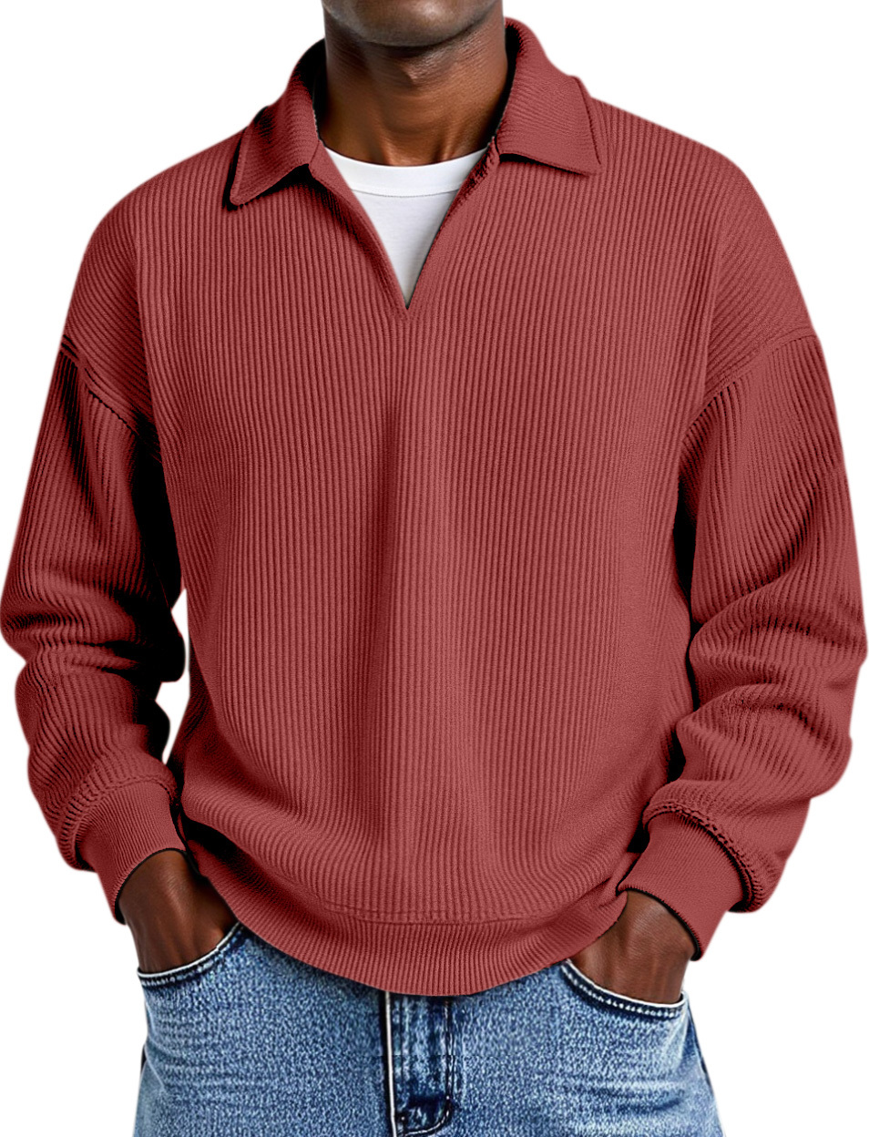 Daily Casual Solid Color Vertical Pit Strip Fake Two-piece Design Lapel Long-sleeved Polo Shirt