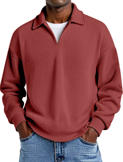 Daily Casual Solid Color Vertical Pit Strip Fake Two-piece Design Lapel Long-sleeved Polo Shirt