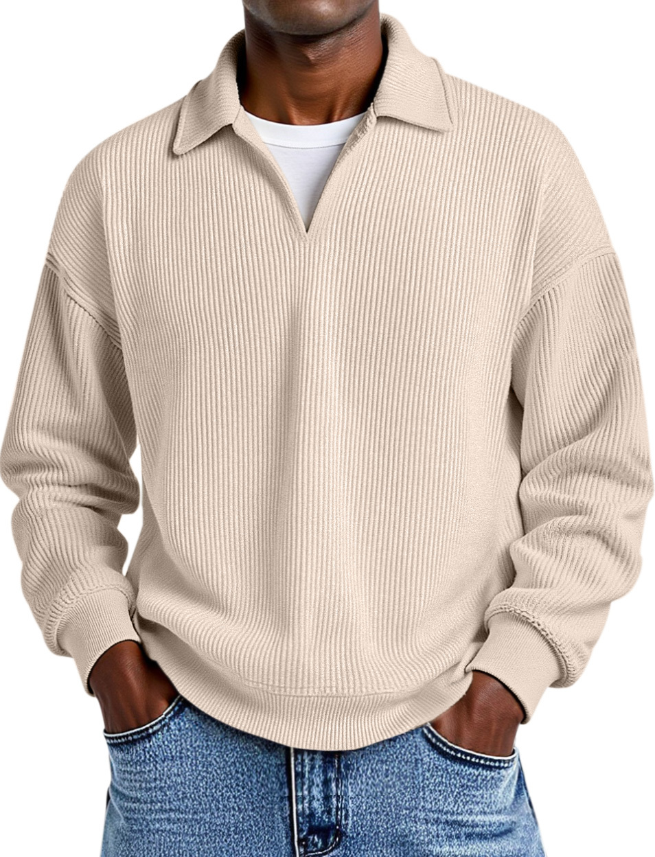 Daily Casual Solid Color Vertical Pit Strip Fake Two-piece Design Lapel Long-sleeved Polo Shirt