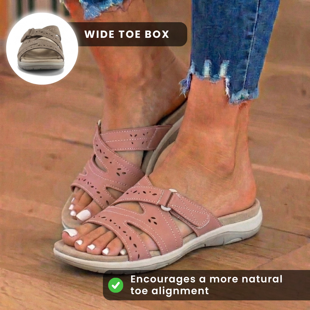 Orthopedic Suede Slide Sandals - Perforated Cutout & Velcro Closure