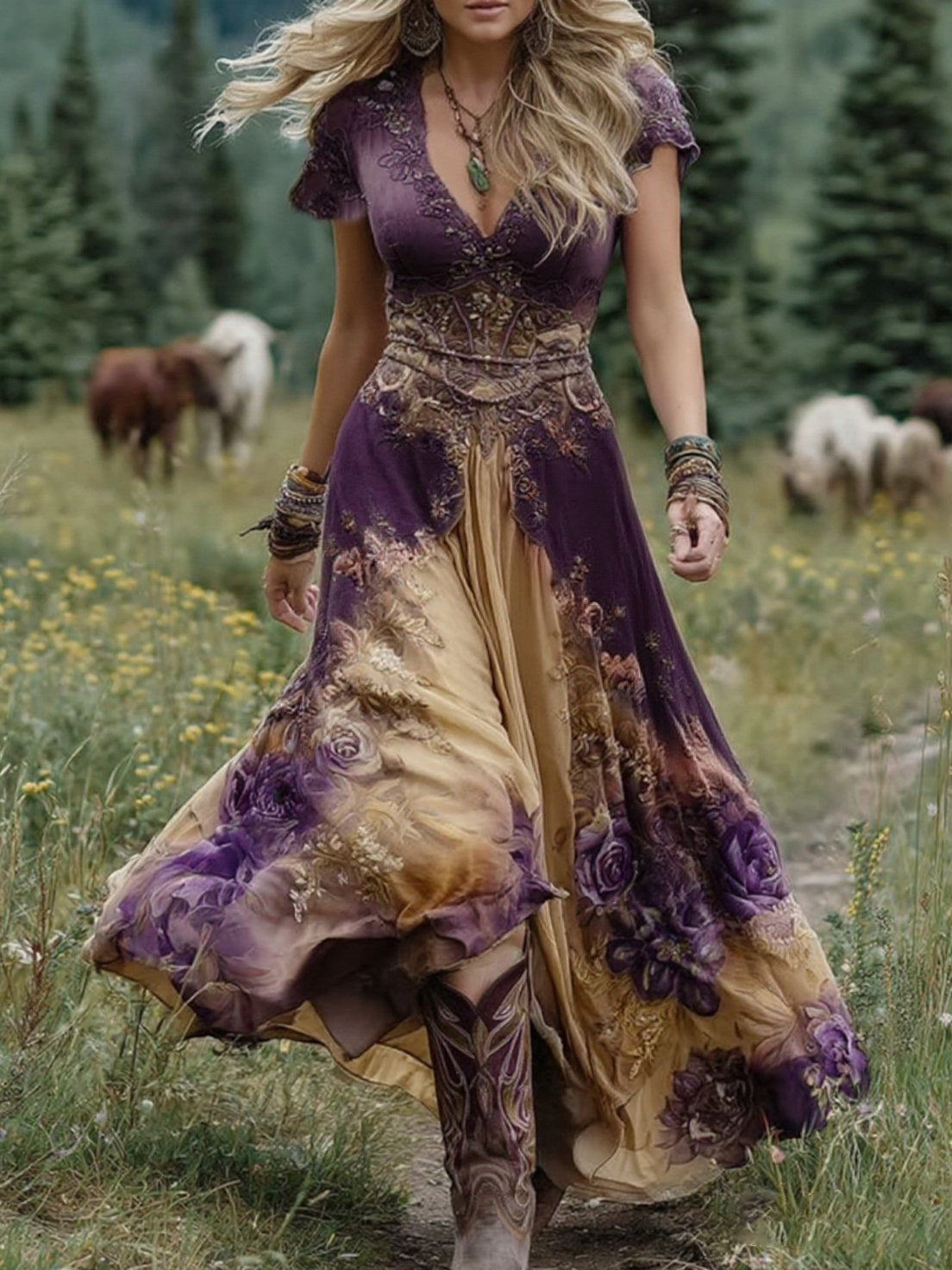 Bohemian style floral embroidered chiffon maxi dress👗