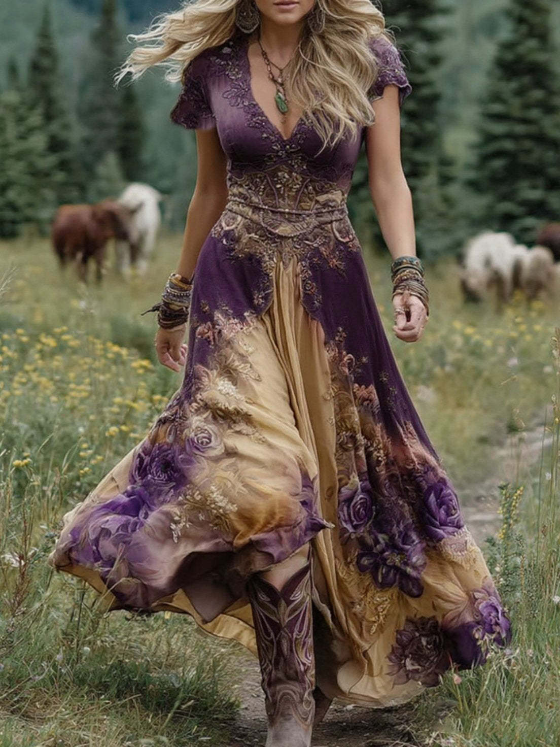 Bohemian style floral embroidered chiffon maxi dress👗