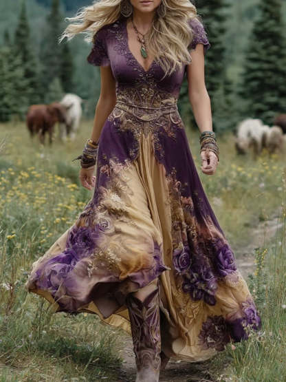 Bohemian style floral embroidered chiffon maxi dress👗