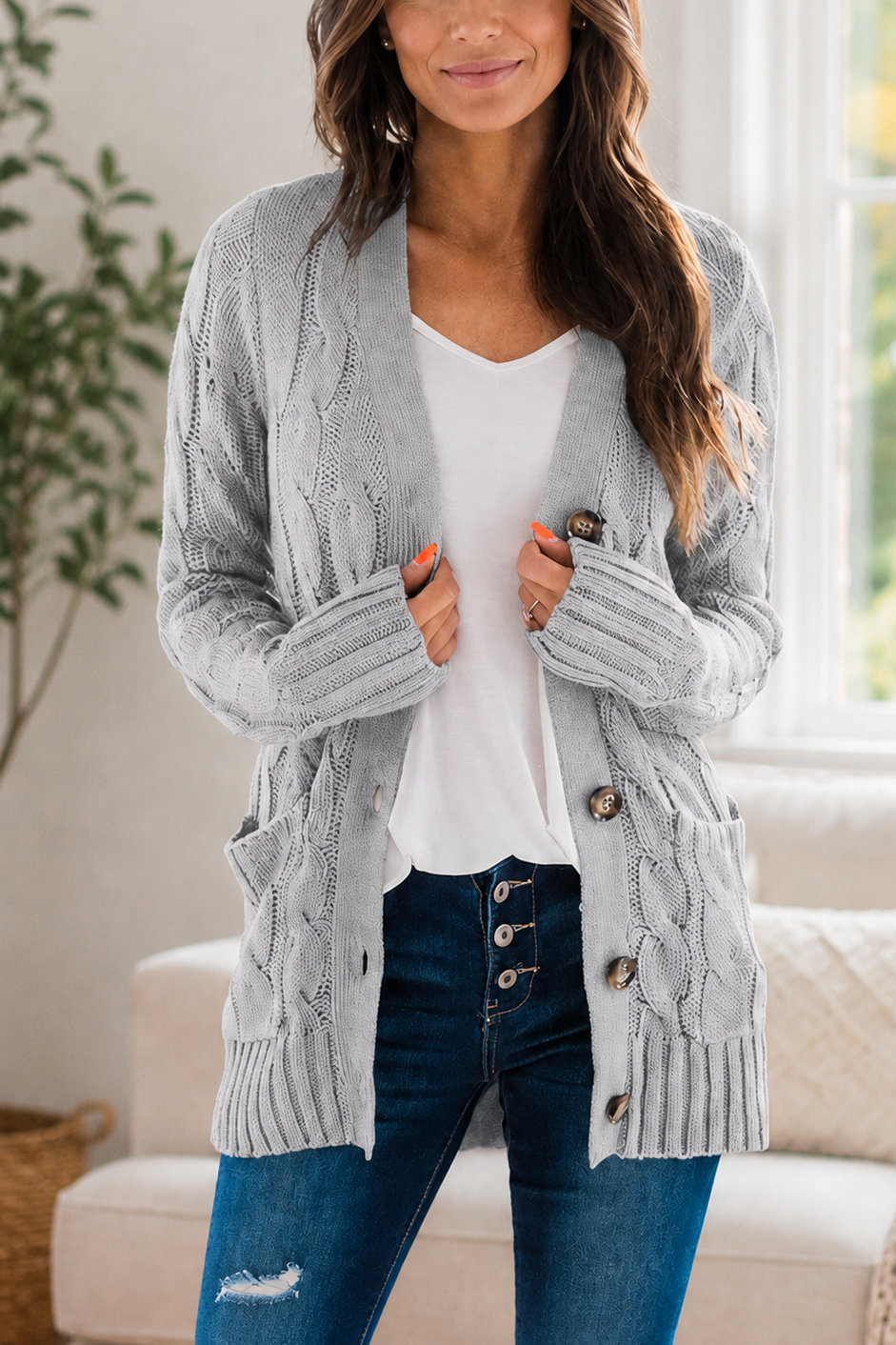 New Arrival🔥Women's Solid-Color Cable-Knit Button-Front Cardigan