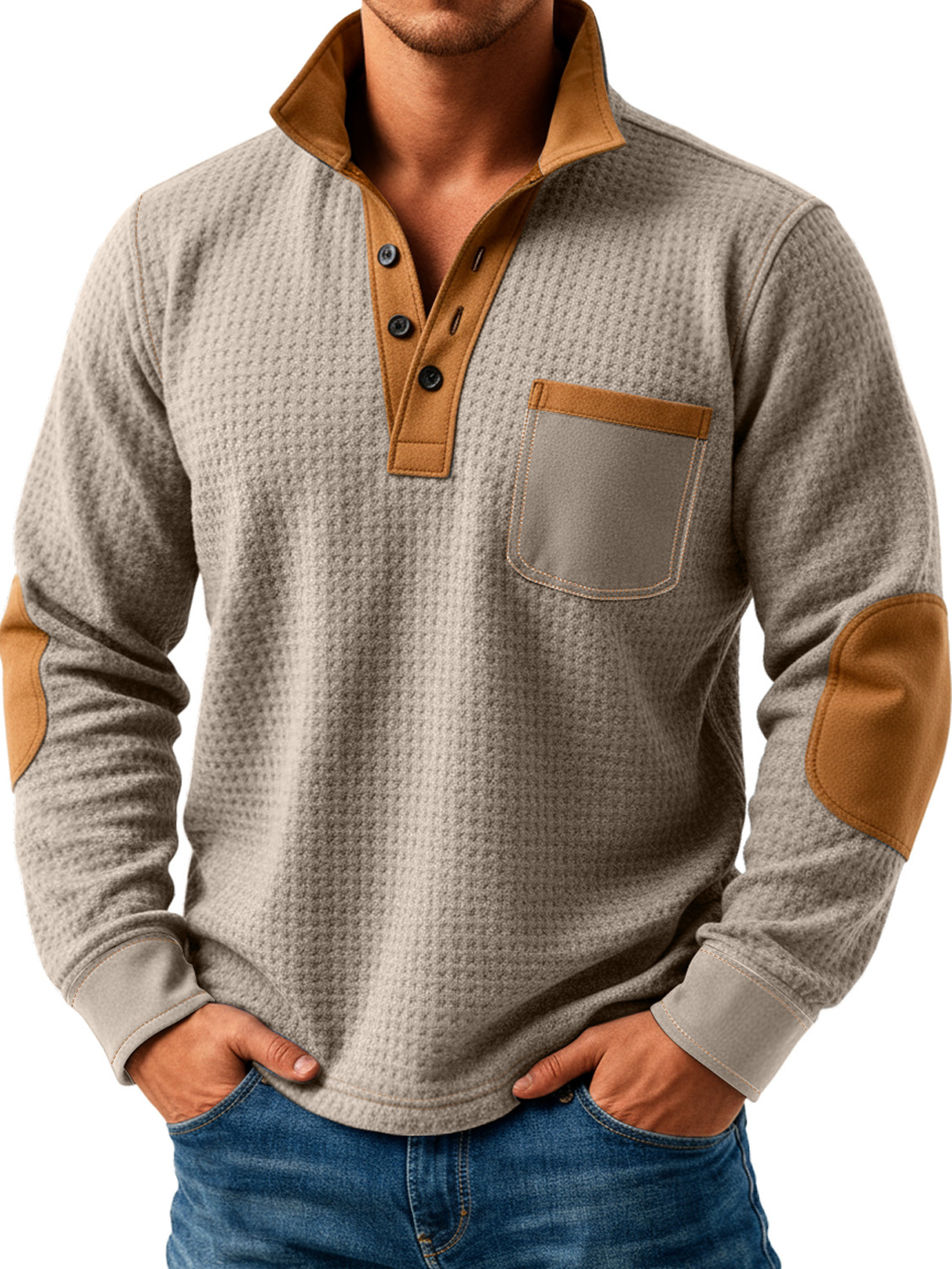 Men's Retro Texture Splicing Stand Collar Button Casual Long Sleeve POLO Shirt