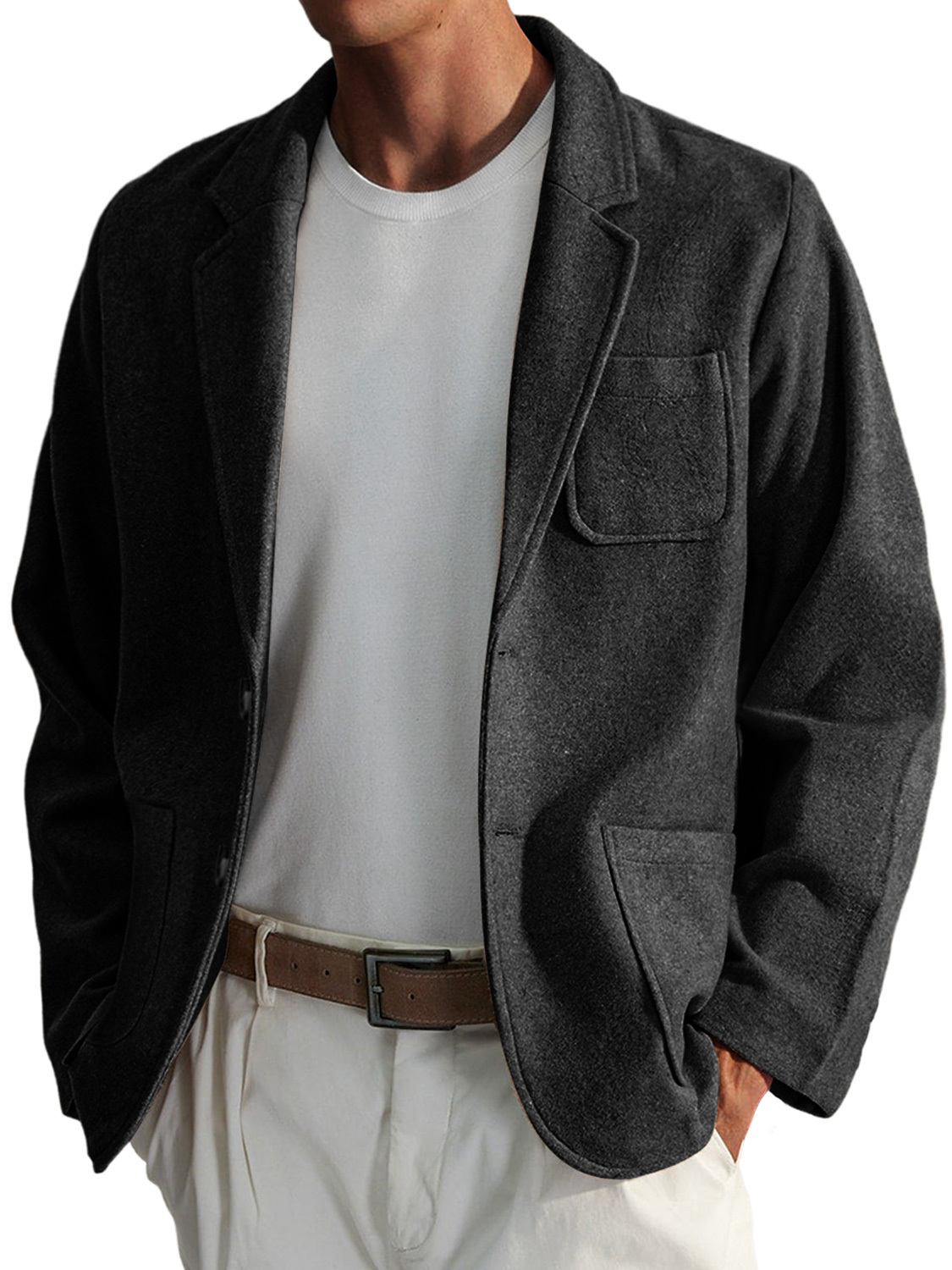 Men's Simple Casual Solid Color Woolen Jacket