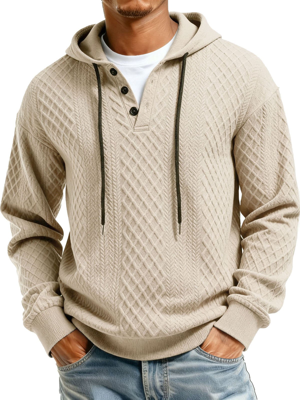 Men's Casual Jacquard Fabric Buttons Long-sleeved Hoodie