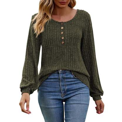 Women's Fall Button Scoop Neck Puff Long Sleeve Henley Shirts