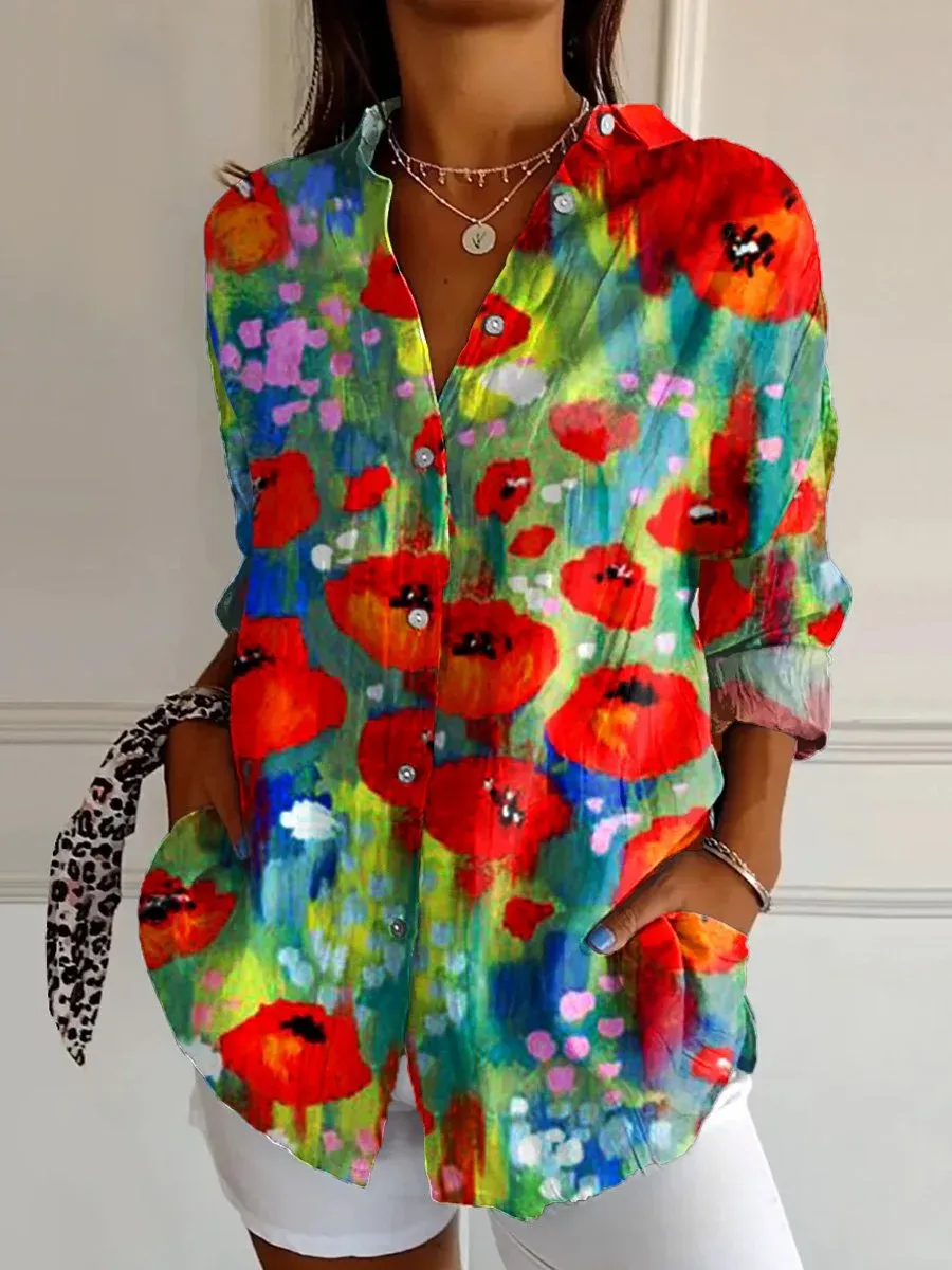 WOMEN'S ABSTRACT LINE COTTON LINEN SHIRT