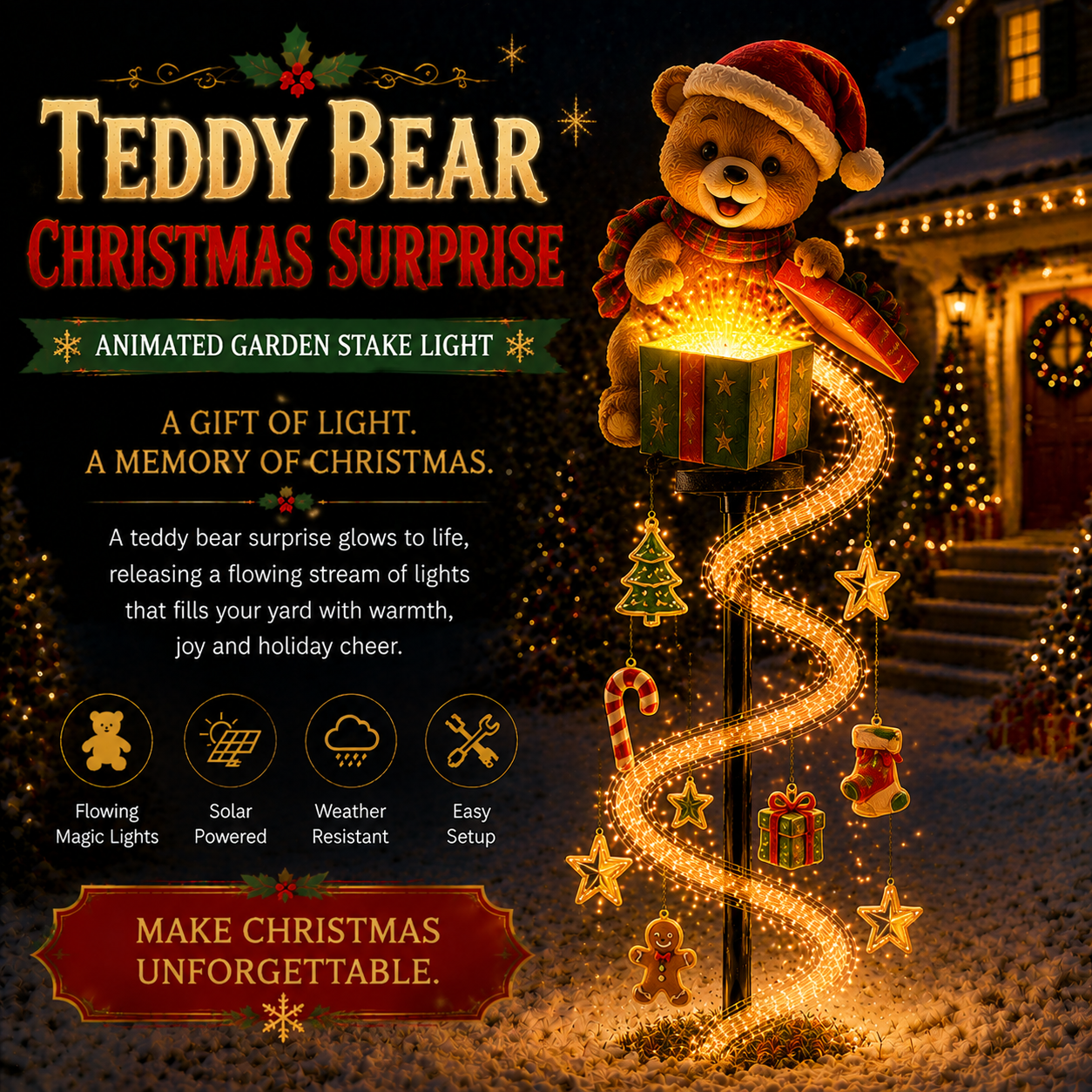 Teddy Bear Christmas Surprise garden stake light