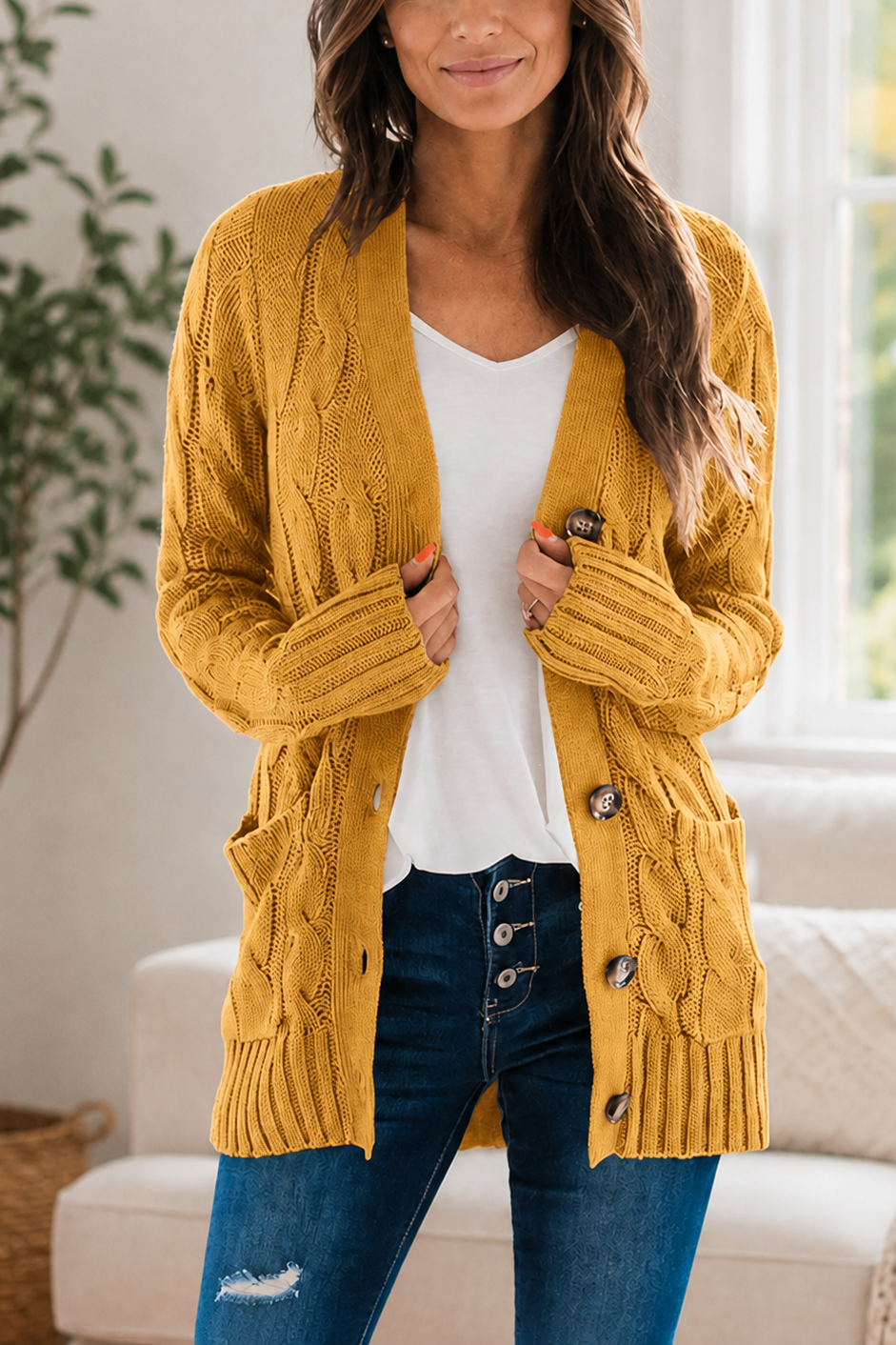 New Arrival🔥Women's Solid-Color Cable-Knit Button-Front Cardigan