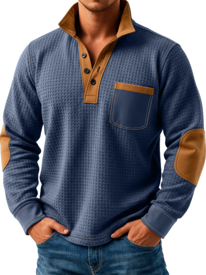 Men's Retro Texture Splicing Stand Collar Button Casual Long Sleeve POLO Shirt