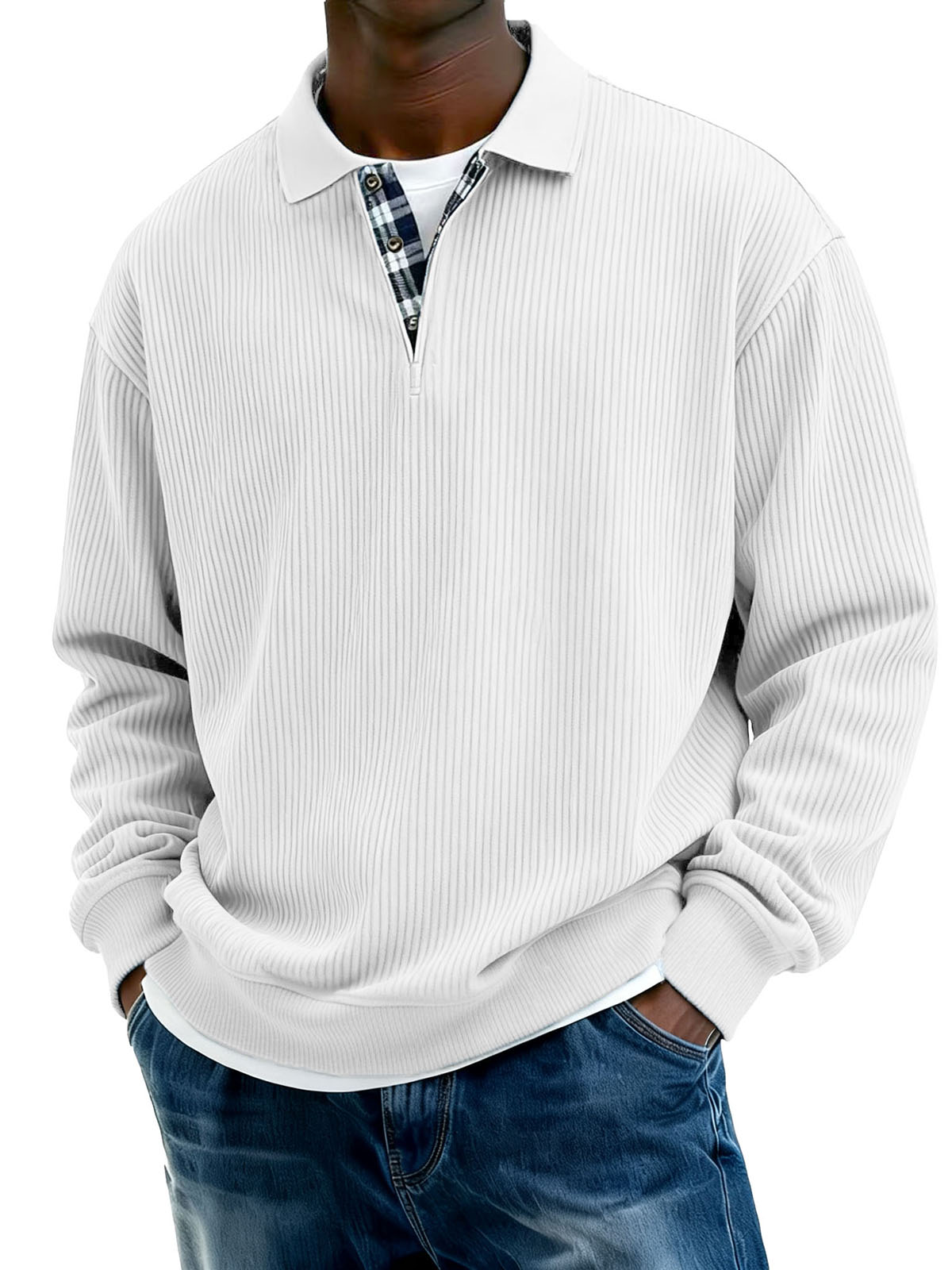 Men's Stylish Everyday Plaid Placket Patchwork Ribbed Fabric Long-sleeved Polo Shirt