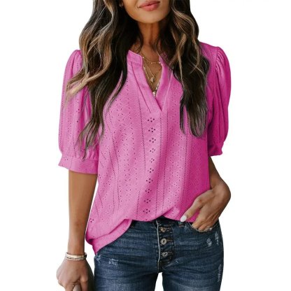 🏆🔥Women's Summer Casual Blouses V Neck Short Sleeve Shirts Hollow Out Cute Tops Loose Fit Breathable Fabric