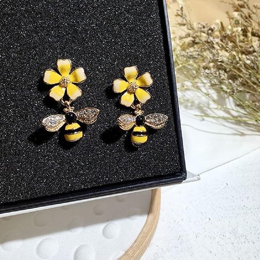 Elegant Enamel Flower Bee Earrings