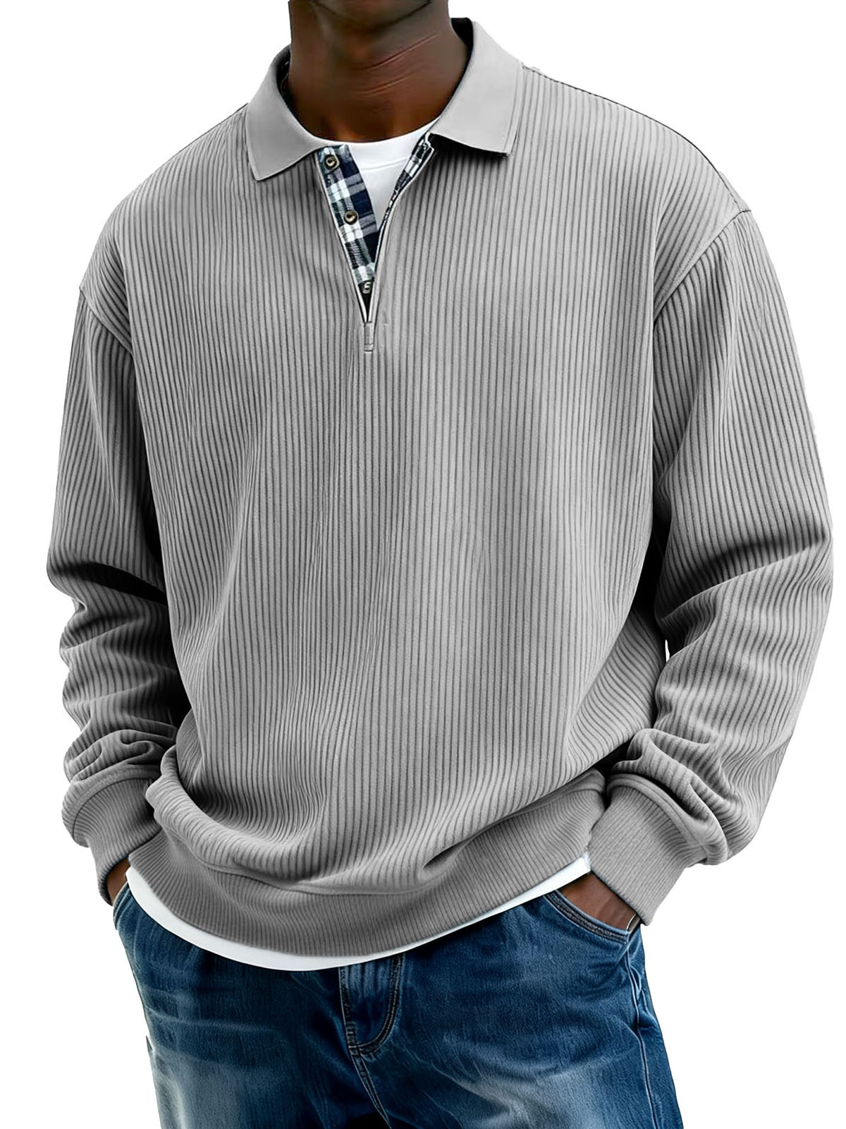 Men's Stylish Everyday Plaid Placket Patchwork Ribbed Fabric Long-slee