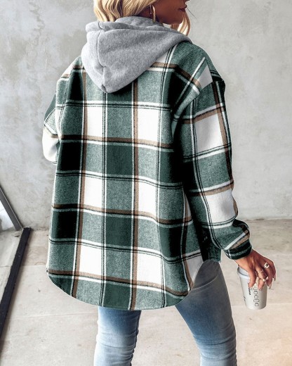 Plaid Pattern Long Sleeve Shacket Button Down Fleece Lined Hooded Jackets Warm Coat