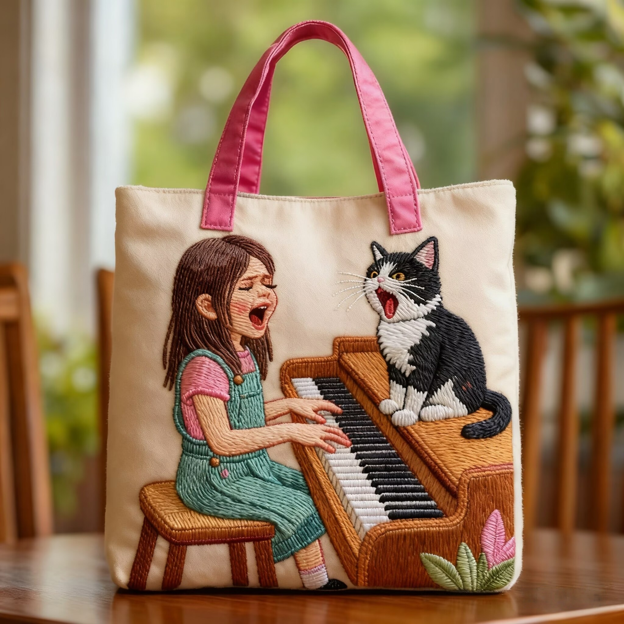 Little Girl and Cat Quilted Tote