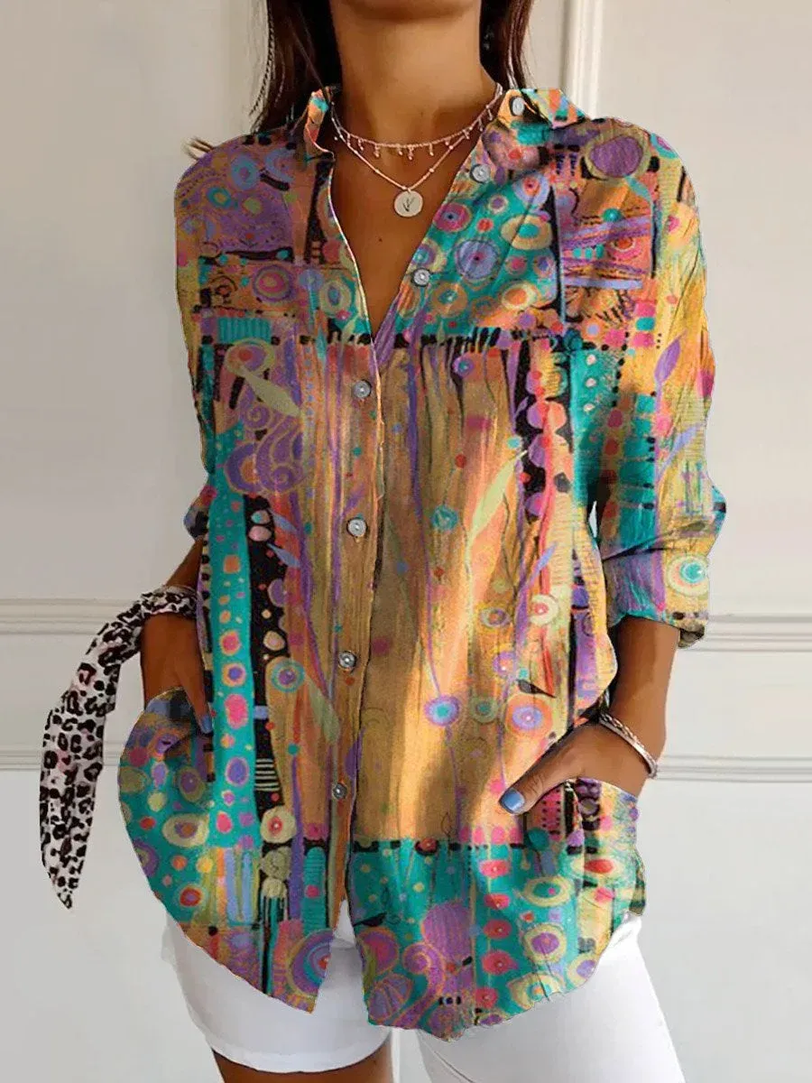 WOMEN'S ABSTRACT LINE COTTON LINEN SHIRT