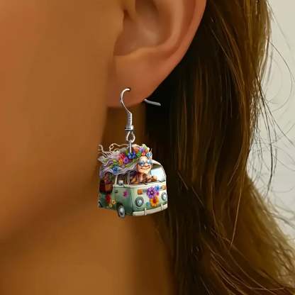 🌸Cute Flowering Van Grandma Pendant Earrings🚐