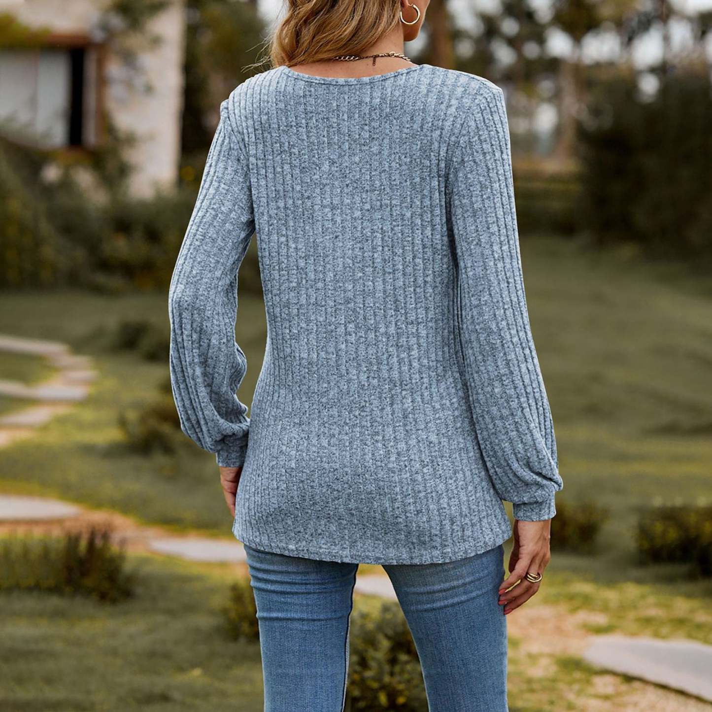 Women's Fall Button Scoop Neck Puff Long Sleeve Henley Shirts