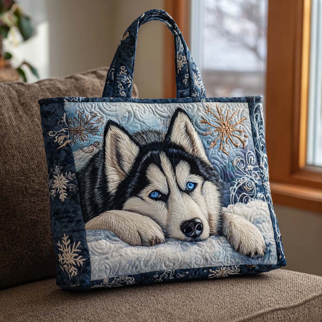 Winter Husky Rest Quilted Tote Bag