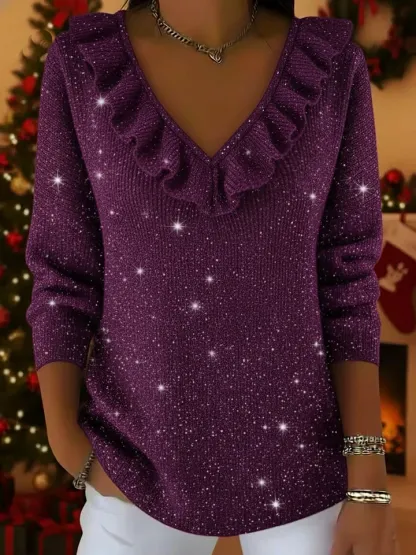 🎄Clearance Sale🔥Elegant V-neck ruffled shimmering sweater top