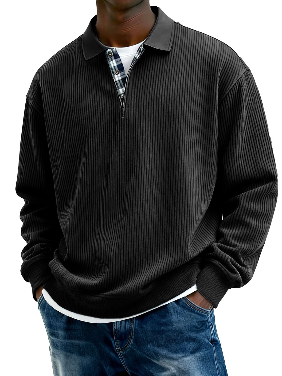 Men's Stylish Everyday Plaid Placket Patchwork Ribbed Fabric Long-sleeved Polo Shirt