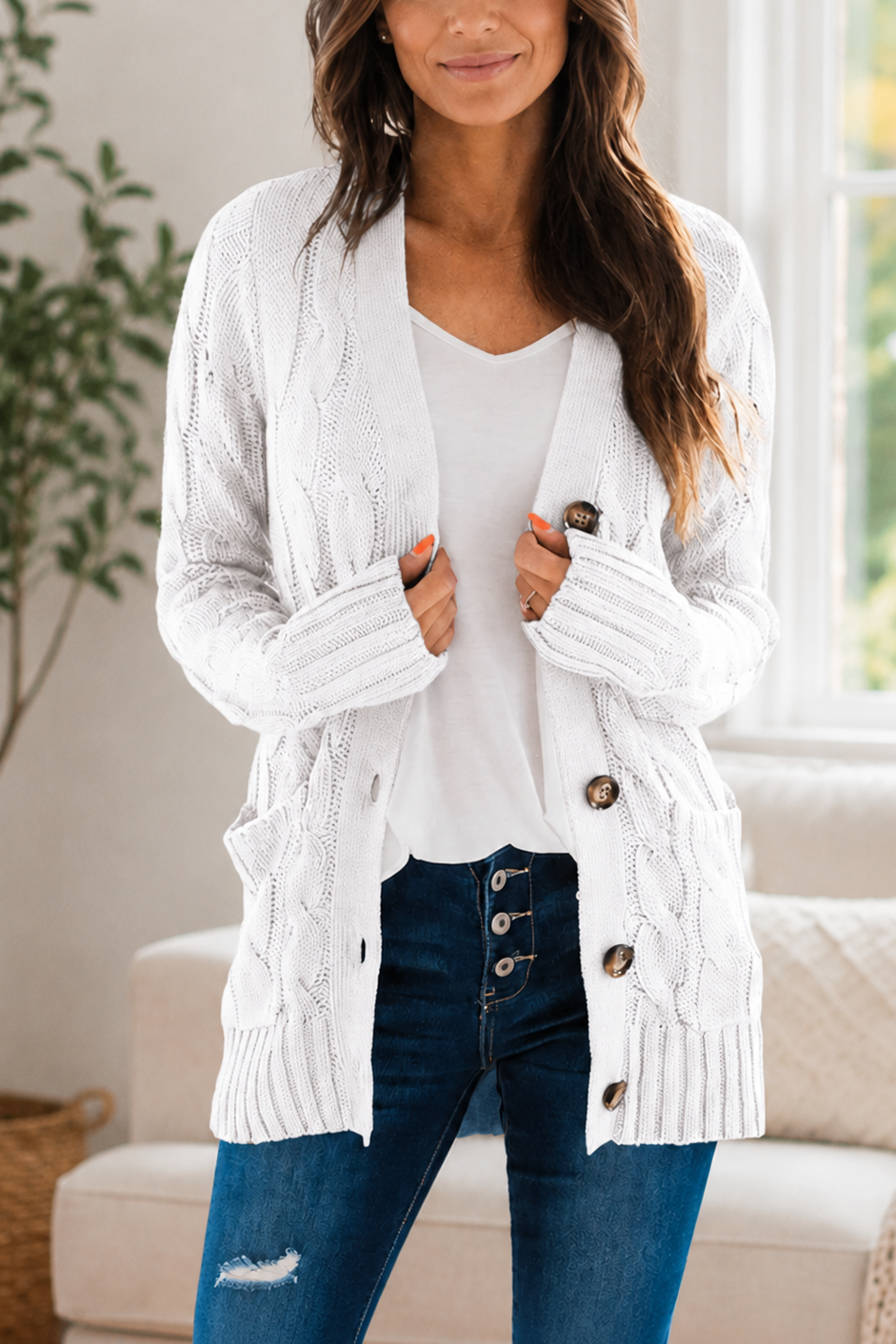 New Arrival🔥Women's Solid-Color Cable-Knit Button-Front Cardigan