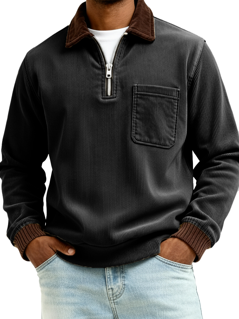 Men's Fashionable Casual Ribbed Patchwork Pocket Long-Sleeved Collared Polo Shirt