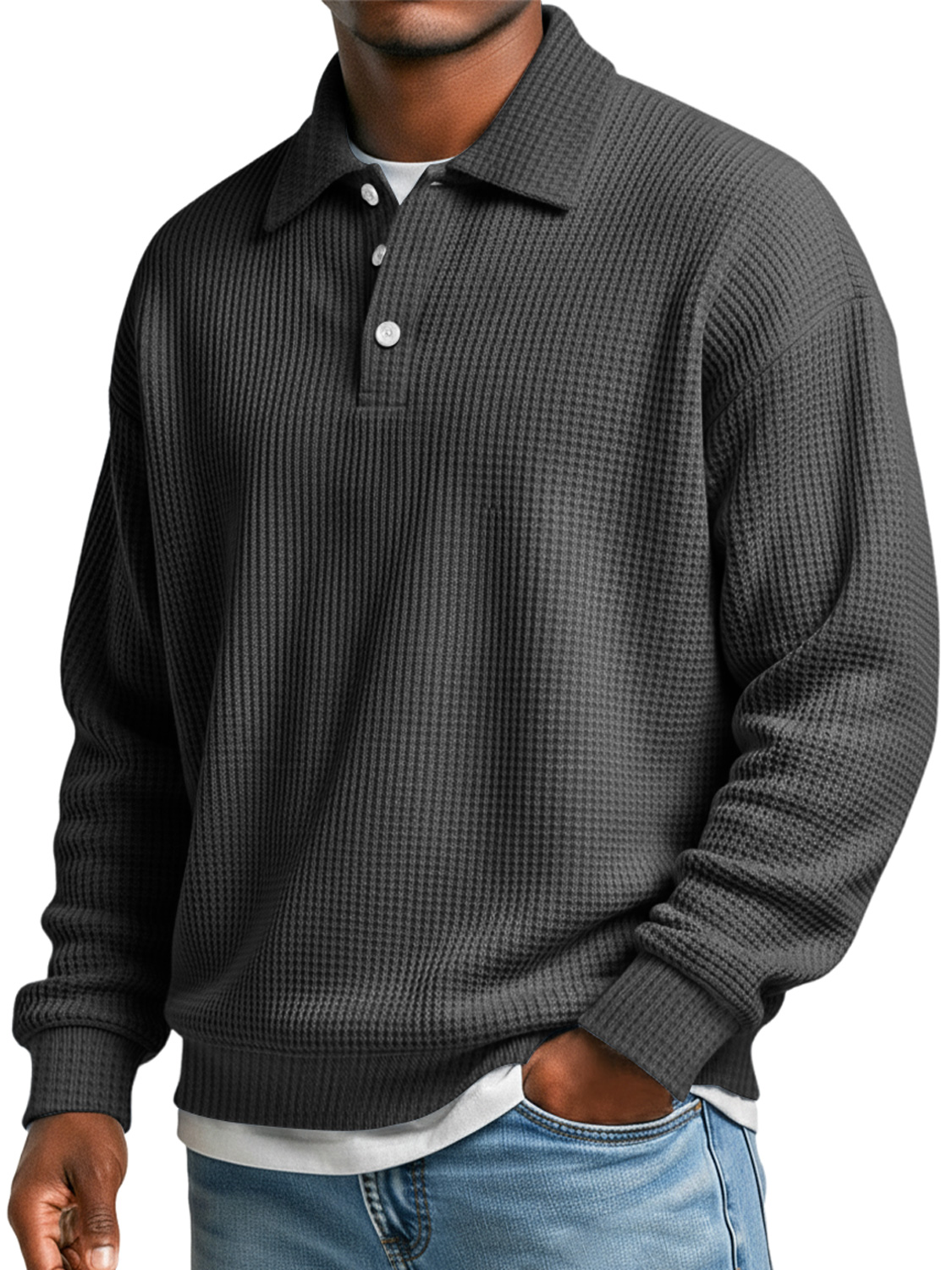 Men's Waffle Simple Lapel Button Casual Loose Polo Shirt
