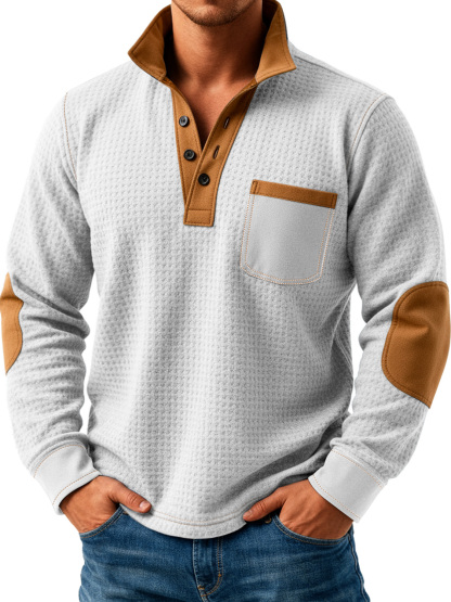 Men's Retro Texture Splicing Stand Collar Button Casual Long Sleeve POLO Shirt