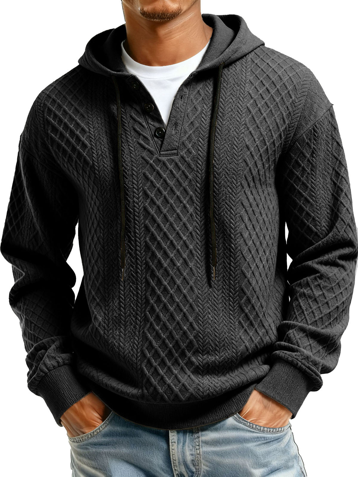 Men's Casual Jacquard Fabric Buttons Long-sleeved Hoodie
