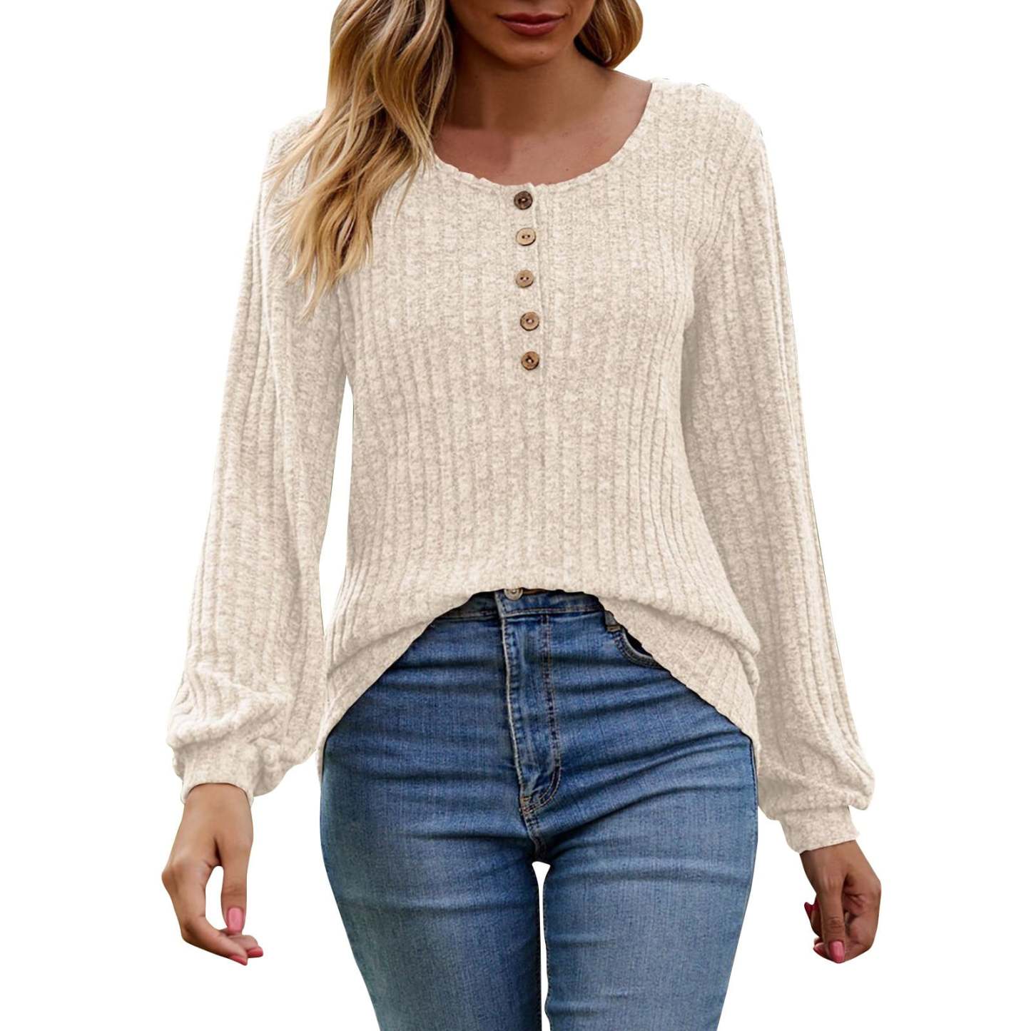 Women's Fall Button Scoop Neck Puff Long Sleeve Henley Shirts
