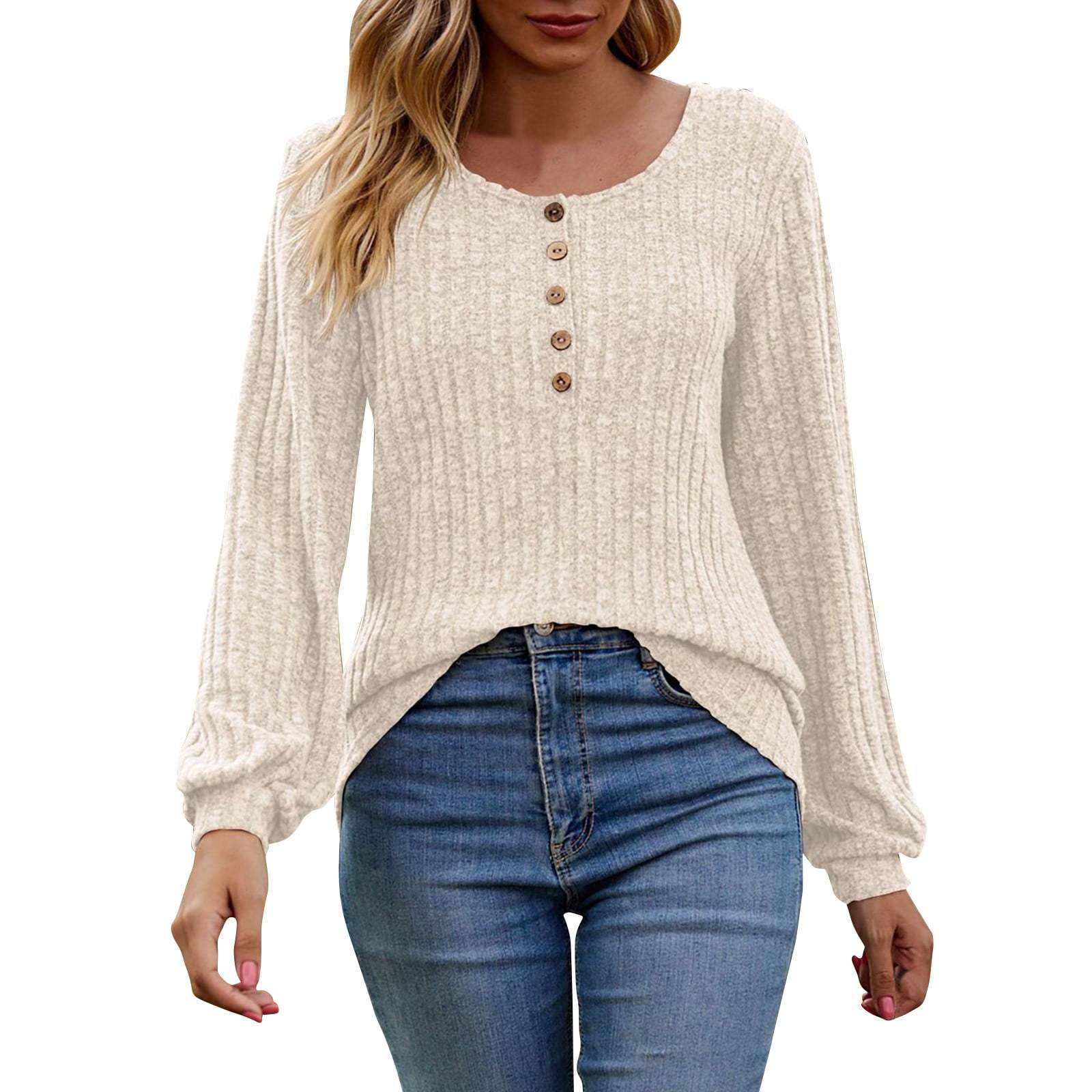 Women's Fall Button Scoop Neck Puff Long Sleeve Henley Shirts