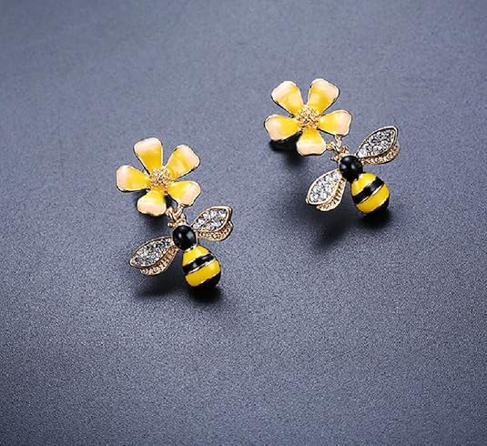 Elegant Enamel Flower Bee Earrings