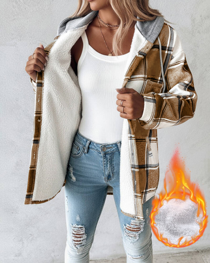 Plaid Pattern Long Sleeve Shacket Button Down Fleece Lined Hooded Jackets Warm Coat
