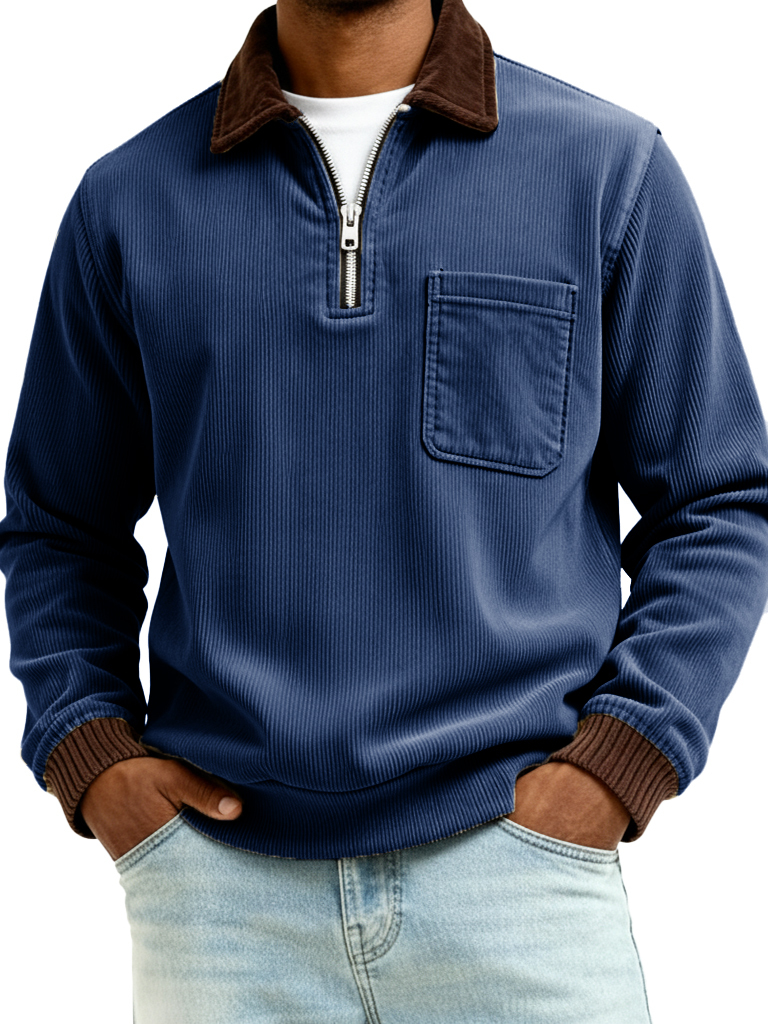 Men's Fashionable Casual Ribbed Patchwork Pocket Long-Sleeved Collared Polo Shirt
