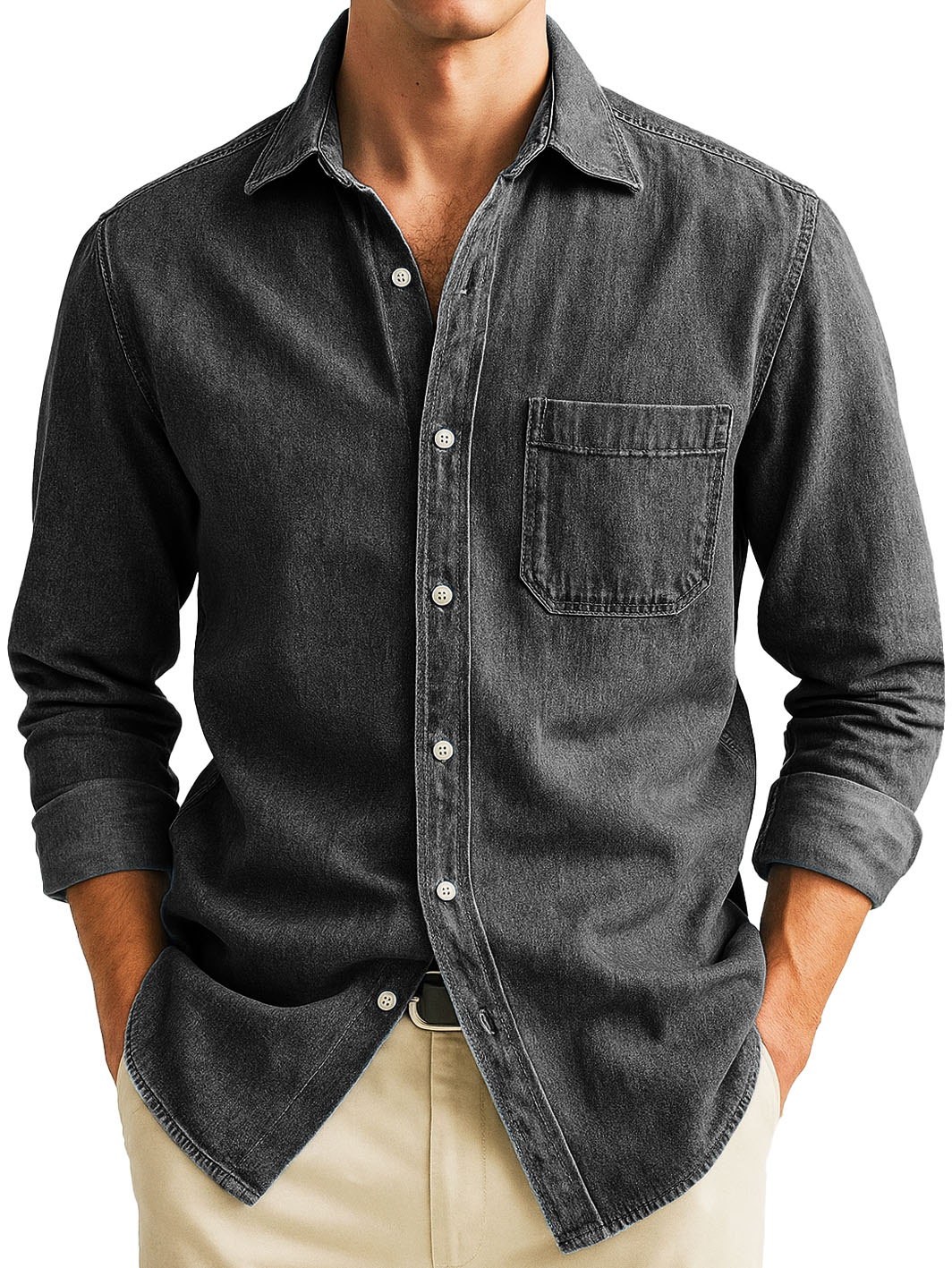  Men's Stylish Casual Retro Outdoor Pocket Long-sleeved Lapel Polo Shirt 