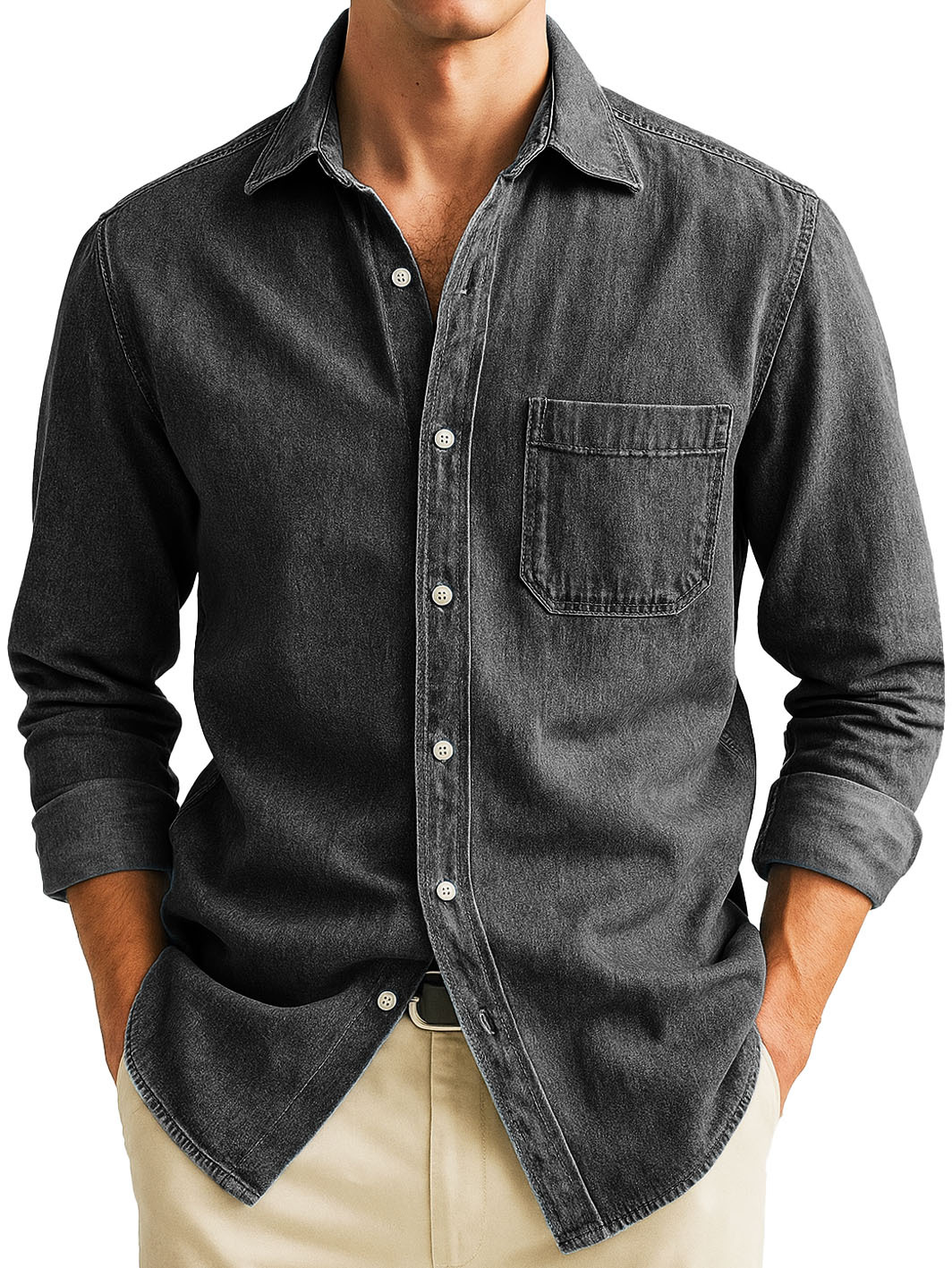  Men's Stylish Casual Retro Outdoor Pocket Long-sleeved Lapel Polo Shirt 