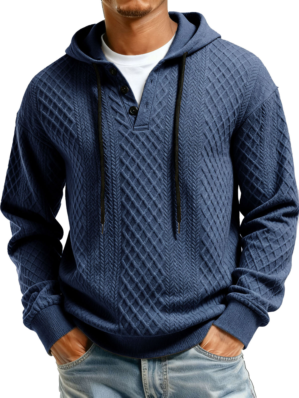 Men's Casual Jacquard Fabric Buttons Long-sleeved Hoodie