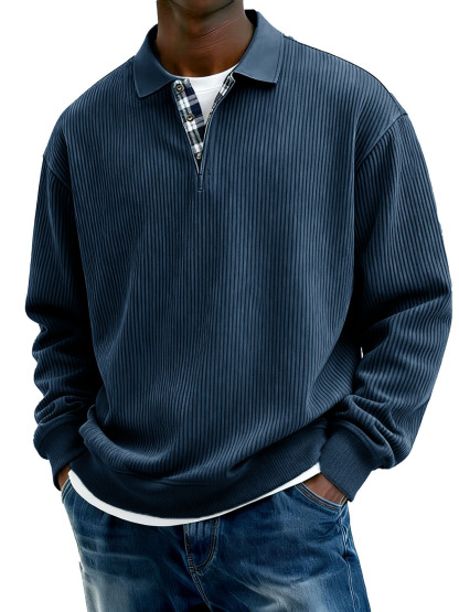 Men's Stylish Everyday Plaid Placket Patchwork Ribbed Fabric Long-sleeved Polo Shirt