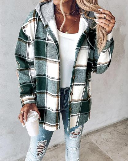 Plaid Pattern Long Sleeve Shacket Button Down Fleece Lined Hooded Jackets Warm Coat