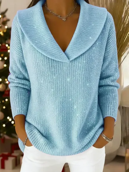 Women's Solid Color V-neck Casual Loose Sequined Knit Top