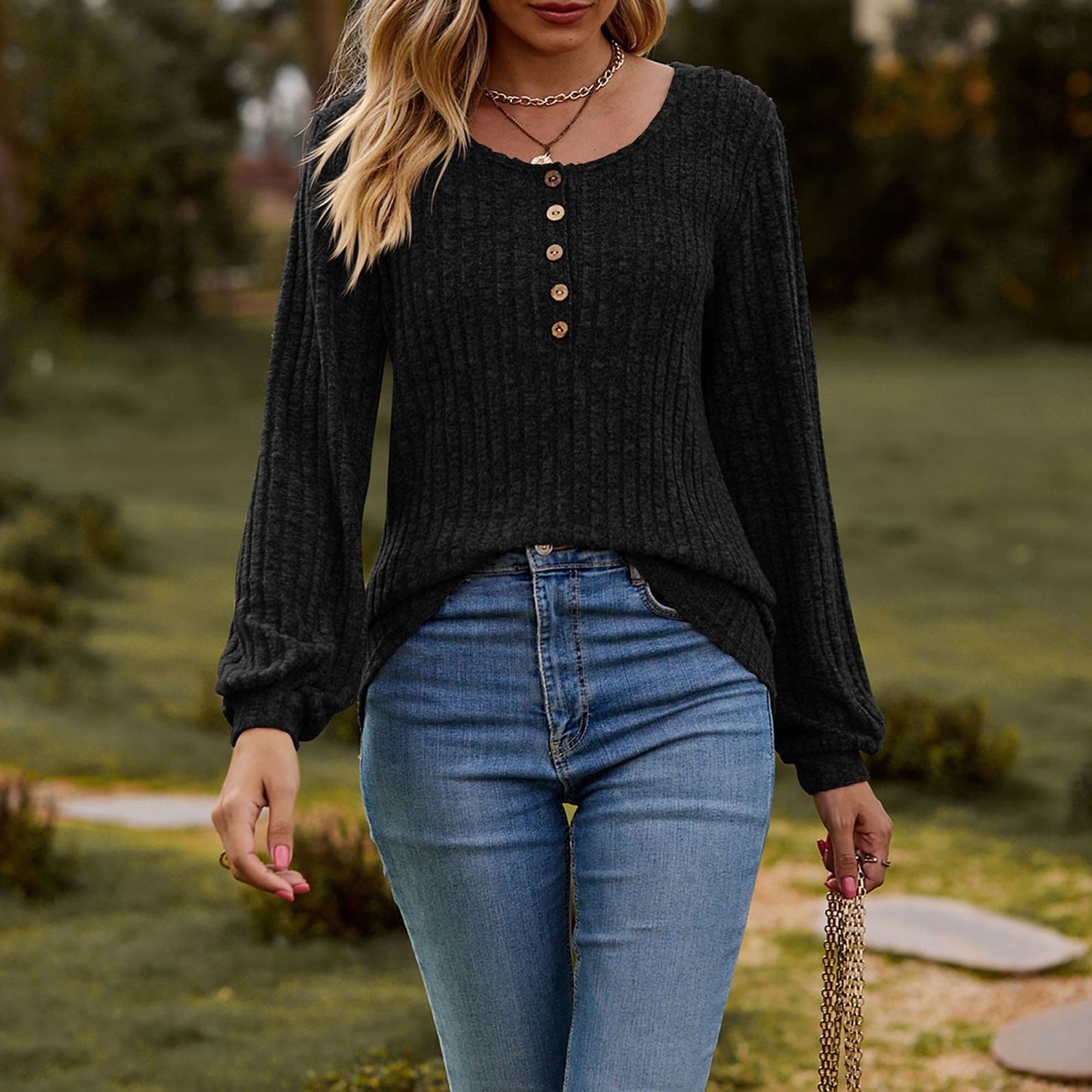 Women's Fall Button Scoop Neck Puff Long Sleeve Henley Shirts